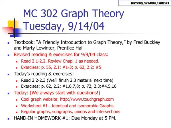 MC 302 Graph Theory Tuesday, 9