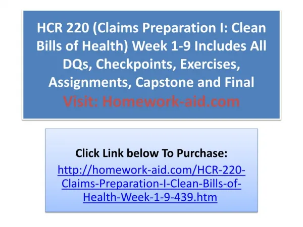 HCR 220 (Claims Preparation I: Clean Bills of Health) Week 1