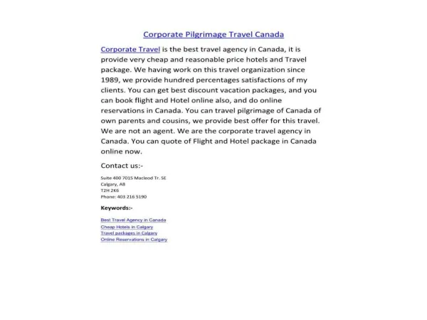 Cheap Corporate Travel Canada Agency