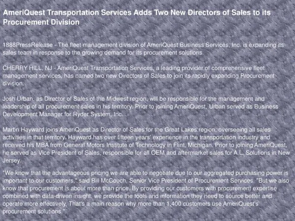 AmeriQuest Transportation Services Adds Two New Directors