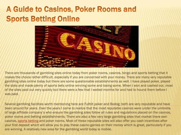 A Guide to Casinos, Poker Rooms and Sports Betting Online