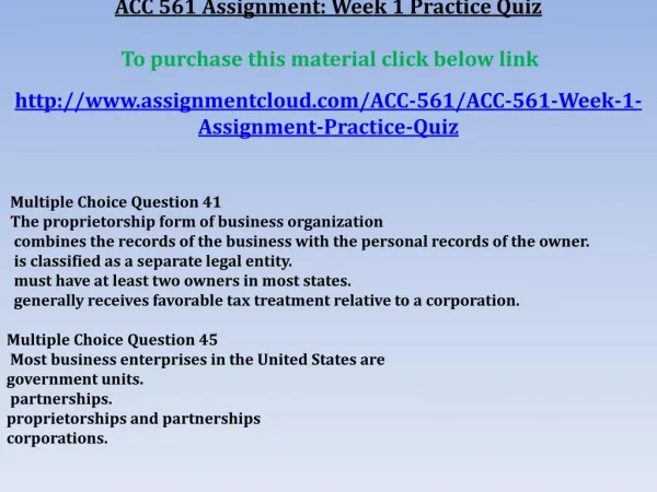 ACC 561 Assignment: Week 1 Practice Quiz