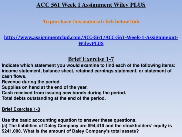 ACC 561 Week 1 Assignment Wiley PLUS
