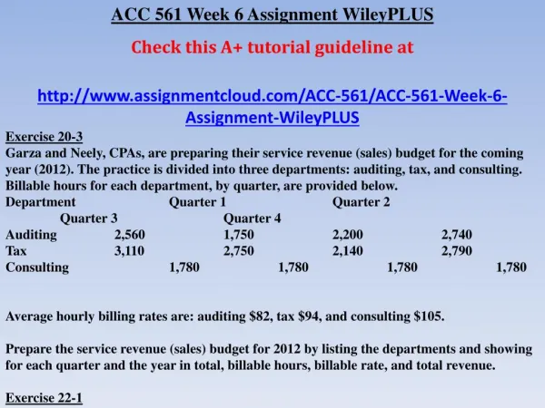 ACC 561 Week 6 Assignment WileyPLUS