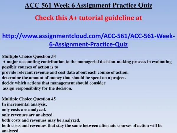ACC 561 Week 6 Assignment Practice Quiz