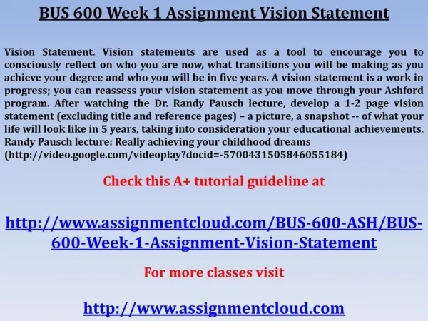 BUS 600 Week 1 Assignment Vision Statement