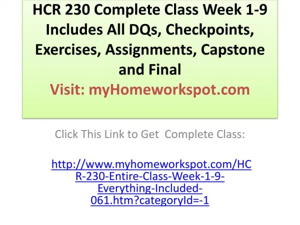 HCR 230 Complete Class Week 1-9 Includes All DQs, Checkpoint