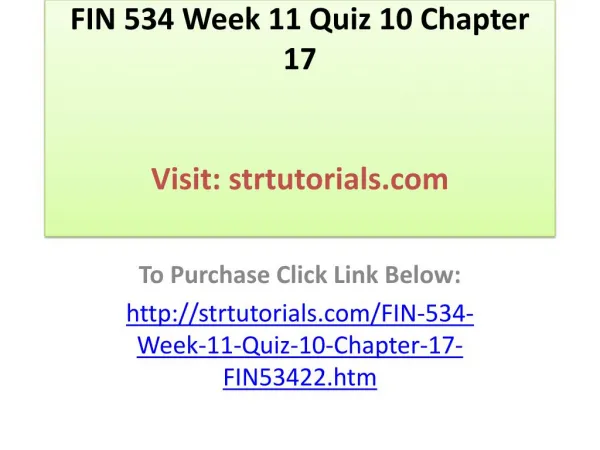 FIN 534 Week 11 Quiz 10 Chapter 17