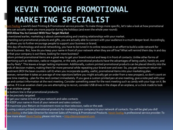 Kevin Toohig Promotional Marketing Specialist