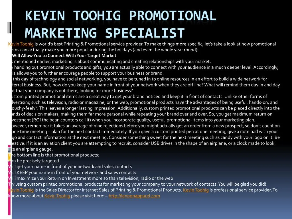 kevin toohig promotional marketing specialist