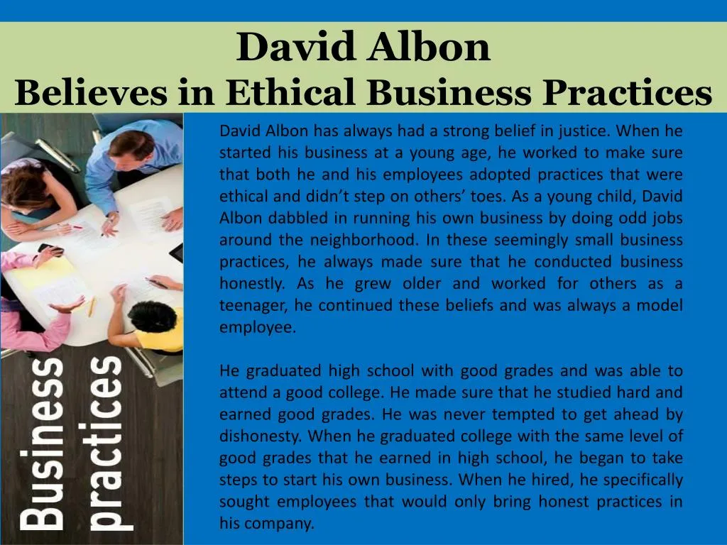 david albon believes in ethical business practices