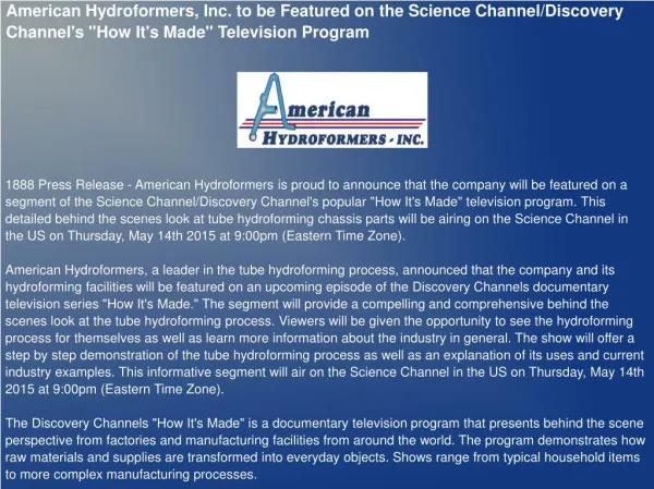 American Hydroformers, Inc. to be Featured on the Science