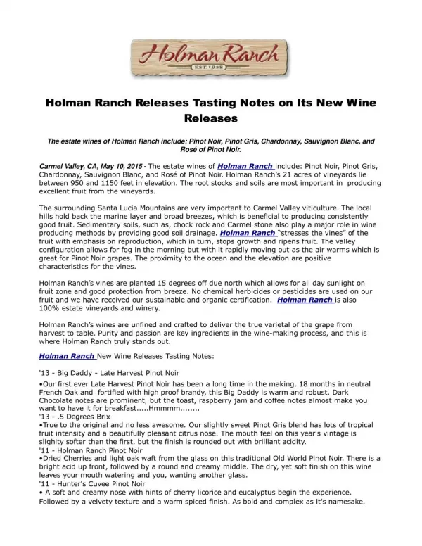 Holman Ranch Releases Tasting Notes on Its New Wine Releases