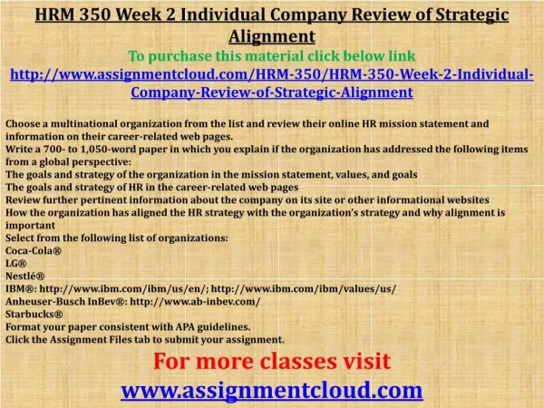 HRM 350 Week 2 Individual Company Review of Strategic Alignm