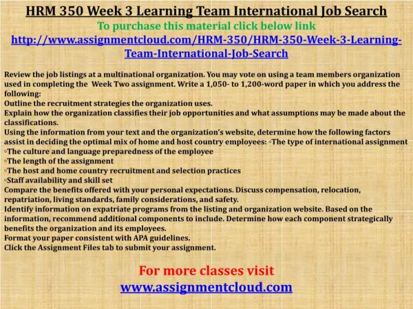 HRM 350 Week 3 Learning Team International Job Search
