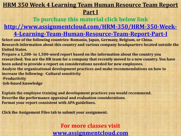 HRM 350 Week 4 Learning Team Human Resource Team Report Part