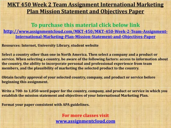 MKT 450 Week 2 Team Assignment International Marketing Plan