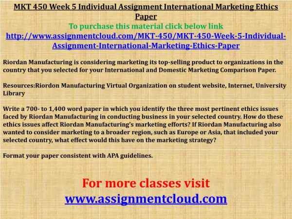 MKT 450 Week 5 Individual Assignment International Marketing