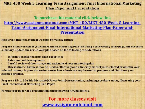 MKT 450 Week 5 Learning Team Assignment Final International