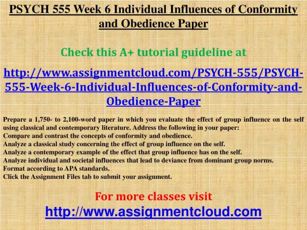 PSYCH 555 Week 6 Individual Influences of Conformity and Obe