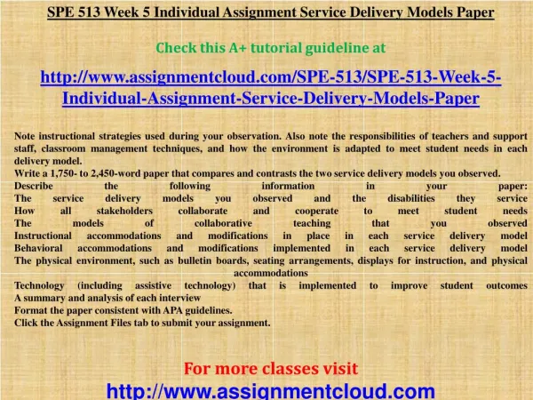 SPE 513 Week 5 Individual Assignment Service Delivery Models