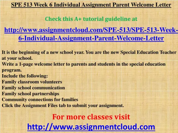 SPE 513 Week 6 Individual Assignment Parent Welcome Letter