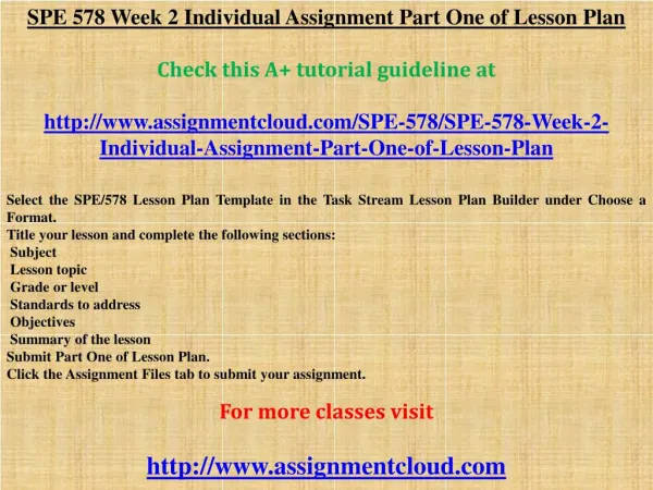 SPE 578 Week 2 Individual Assignment Part One of Lesson Plan