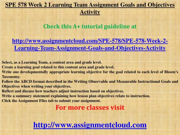 SPE 578 Week 2 Learning Team Assignment Goals and Objectives