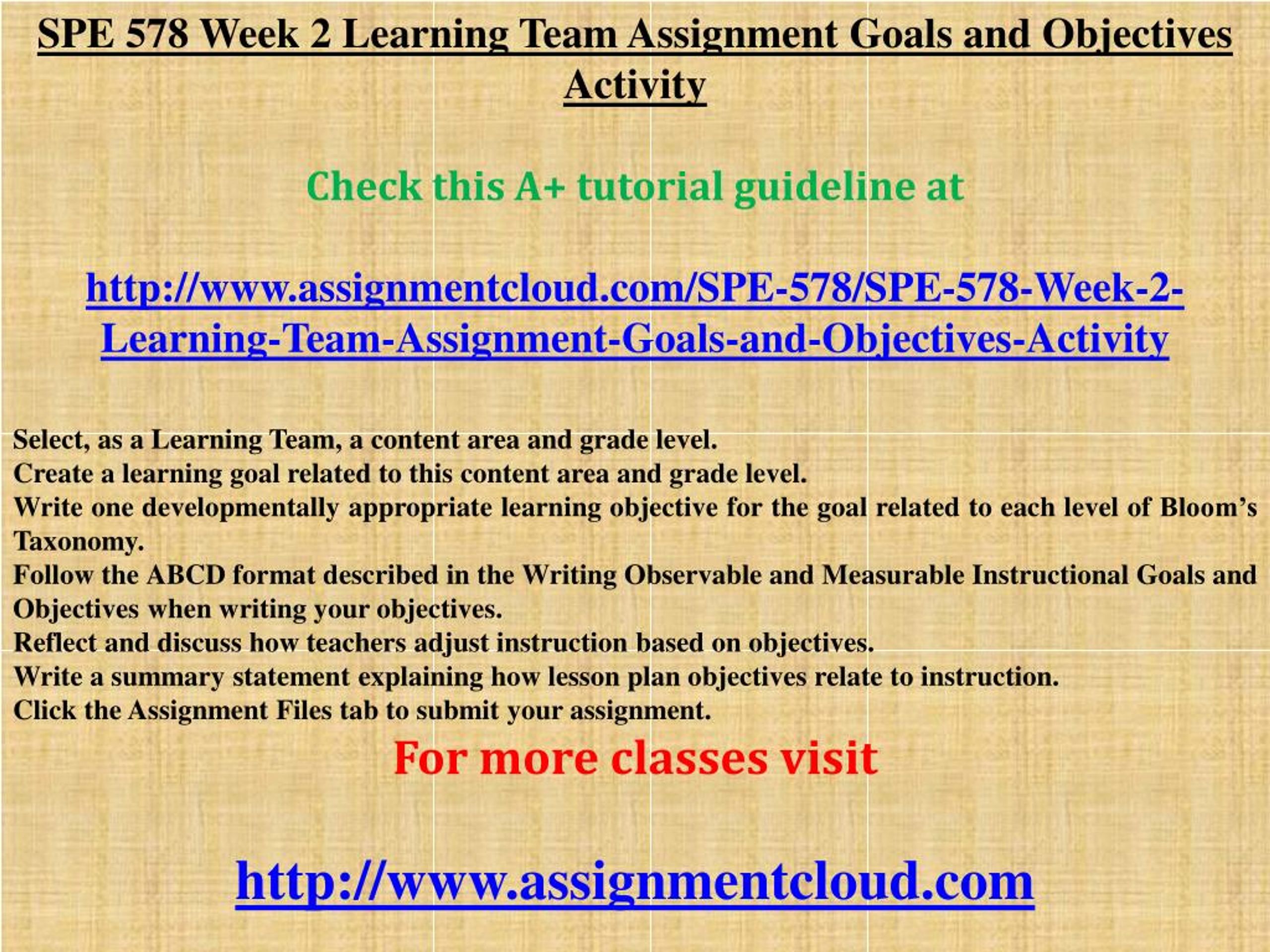 PPT - SPE 578 Week 2 Learning Team Assignment Goals and Objectives ...