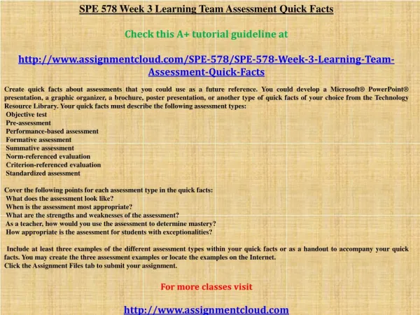 SPE 578 Week 3 Learning Team Assessment Quick Facts
