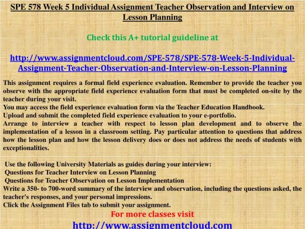 SPE 578 Week 5 Individual Assignment Teacher Observation and