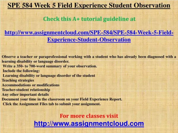 SPE 584 Week 5 Field Experience Student Observation