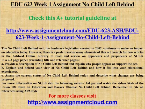 EDU 623 Week 1 Assignment No Child Left Behind