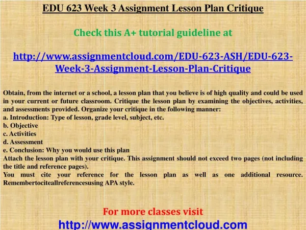 EDU 623 Week 3 Assignment Lesson Plan Critique