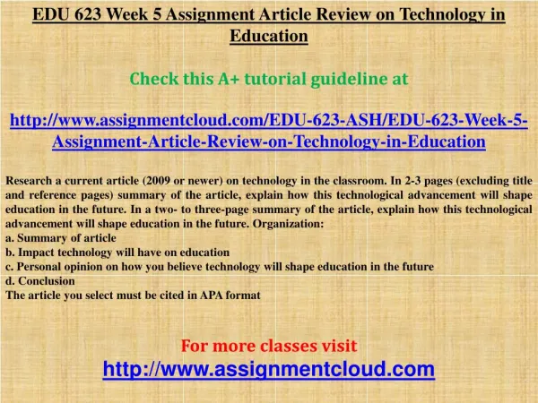 EDU 623 Week 5 Assignment Article Review on Technology in Ed