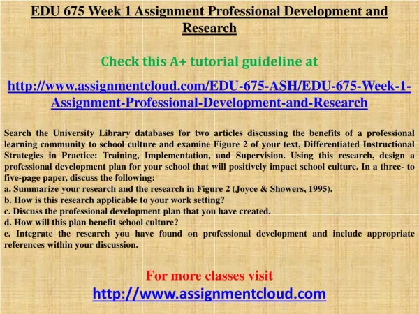 EDU 675 Week 1 Assignment Professional Development and Resea