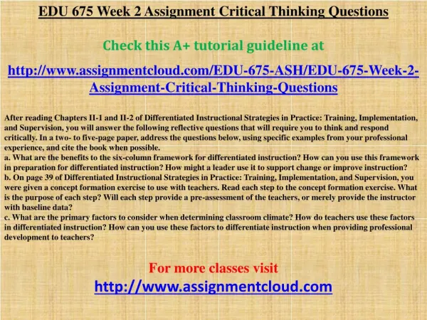 EDU 675 Week 2 Assignment Critical Thinking Questions