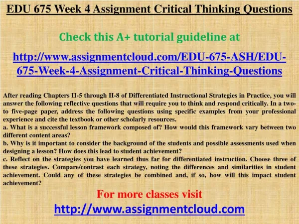 EDU 675 Week 4 Assignment Critical Thinking Questions