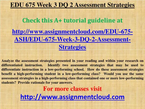 EDU 675 Week 3 DQ 2 Assessment Strategies