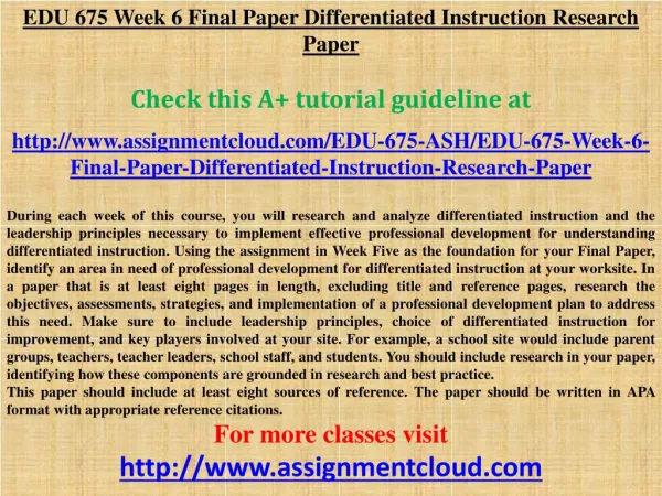 EDU 675 Week 6 Final Paper Differentiated Instruction Resear
