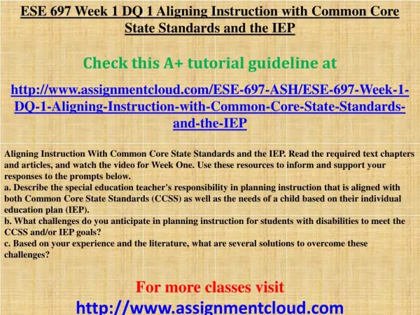 ESE 697 Week 1 DQ 1 Aligning Instruction with Common Core St
