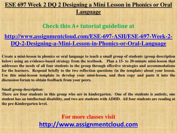 ESE 697 Week 2 DQ 2 Designing a Mini Lesson in Phonics or Or