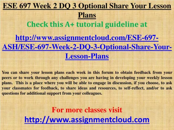 ESE 697 Week 2 DQ 3 Optional Share Your Lesson Plans