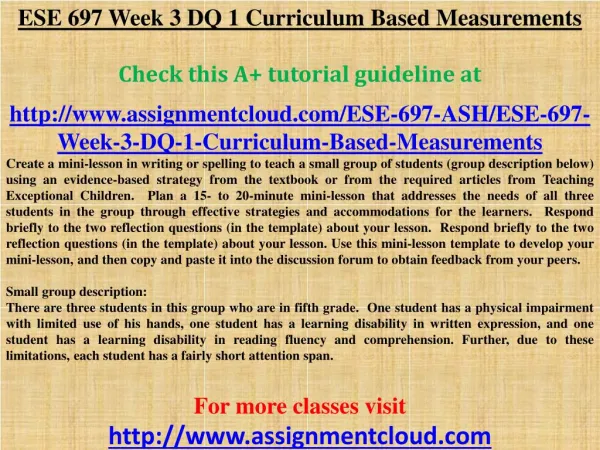 ESE 697 Week 3 DQ 1 Curriculum Based Measurements