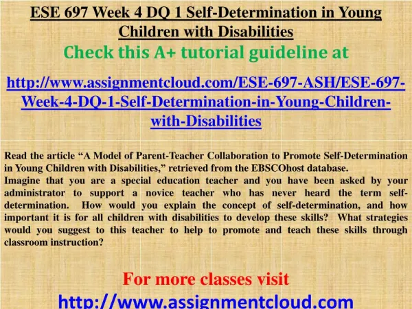 ESE 697 Week 4 DQ 1 Self-Determination in Young Children wit