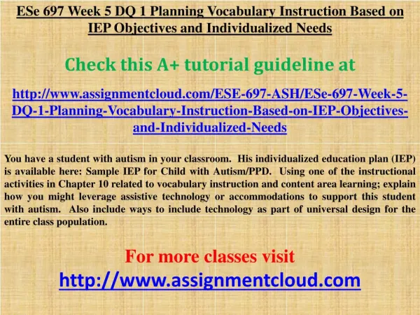 ESe 697 Week 5 DQ 1 Planning Vocabulary Instruction Based on