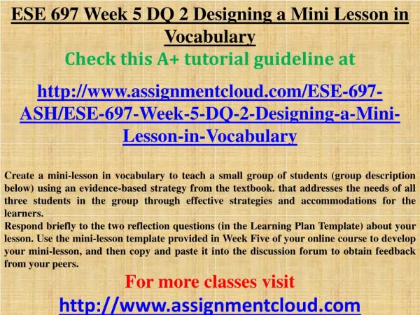 ESE 697 Week 5 DQ 2 Designing a Mini Lesson in Vocabulary