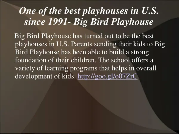 One of the best playhouses in U.S. since 1991- Big Bird Play