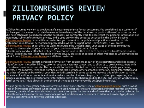 Zillionresumes Review Privacy Policy