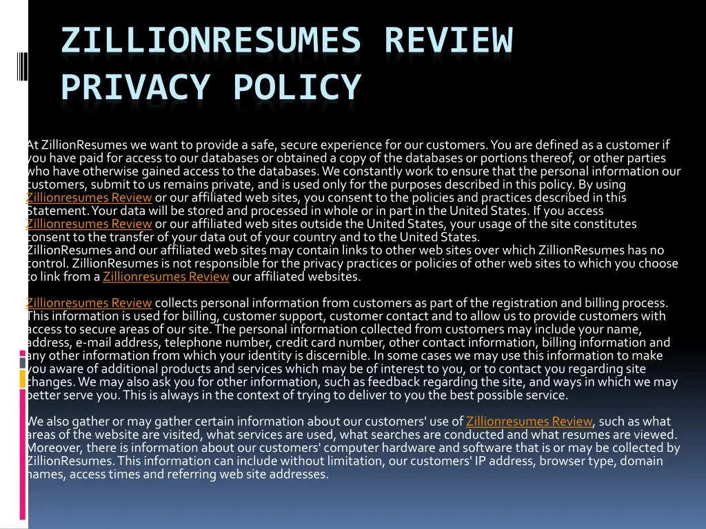 zillionresumes review privacy policy